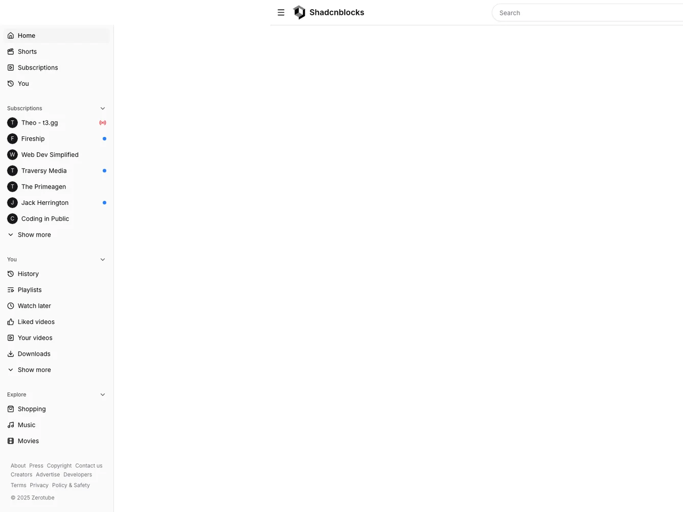 Shadcn Video Platform Shell shadcnblocks.com