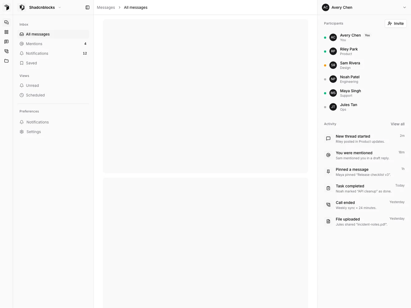Shadcn Messaging App Shell shadcnblocks.com