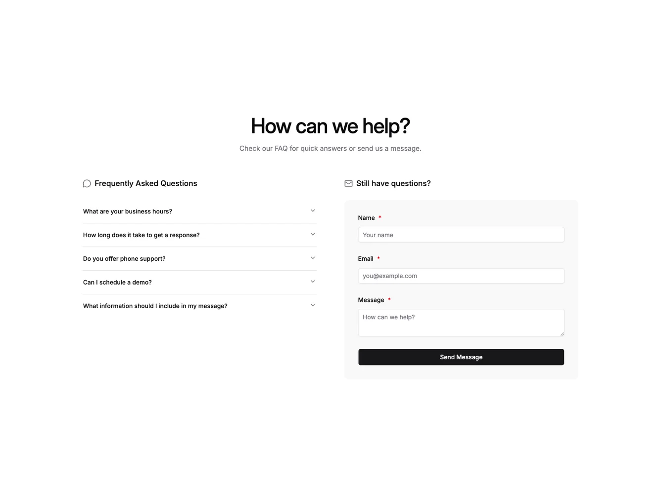 Shadcn FAQ with Contact Form shadcnblocks.com