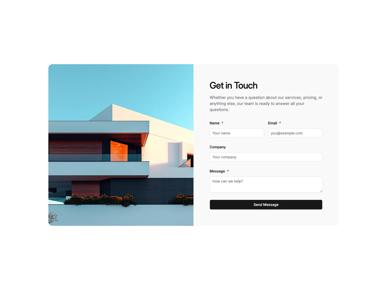 Shadcn Split Card Contact shadcnblocks.com