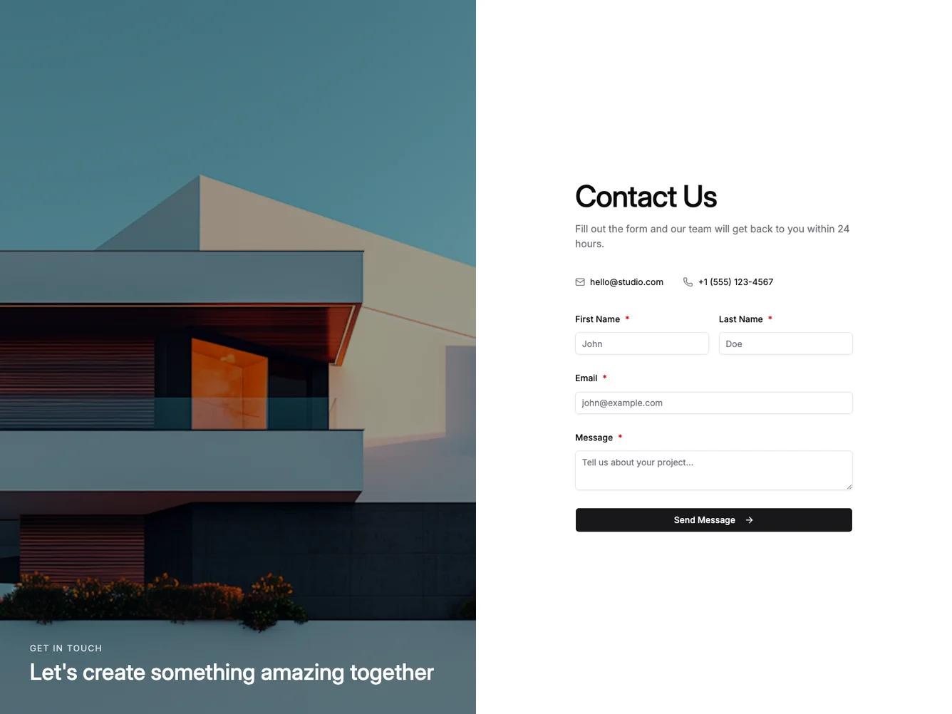 Shadcn Full-Screen Split Contact shadcnblocks.com