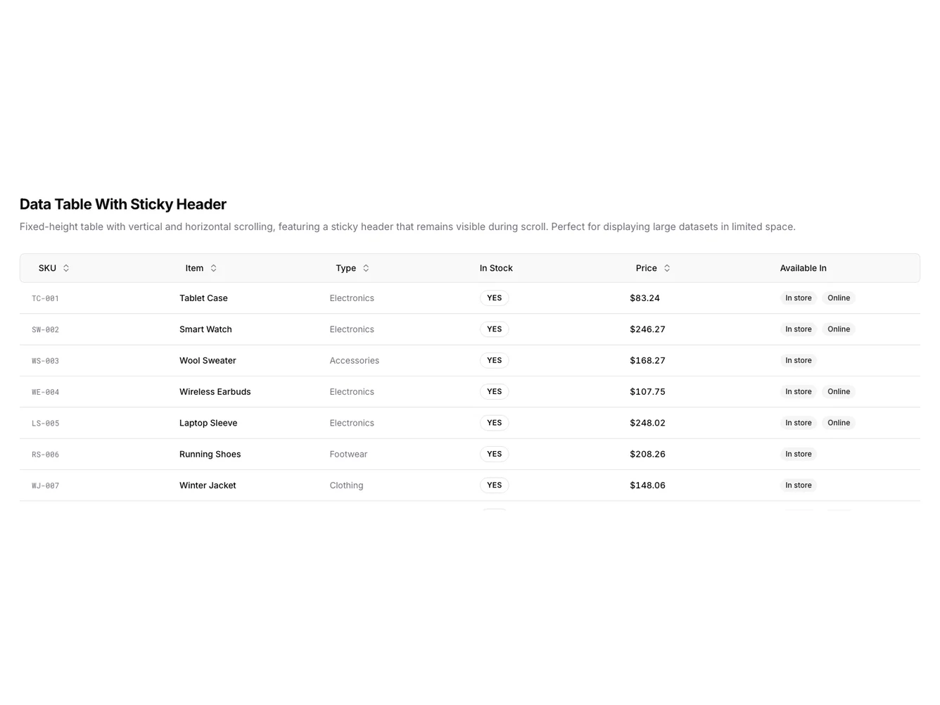 Shadcn Sticky Header Data Table shadcnblocks.com