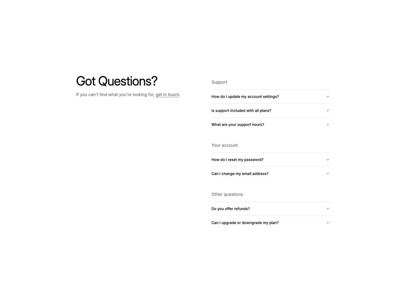 Shadcn Categorized FAQ with Two-Column Layout shadcnblocks.com