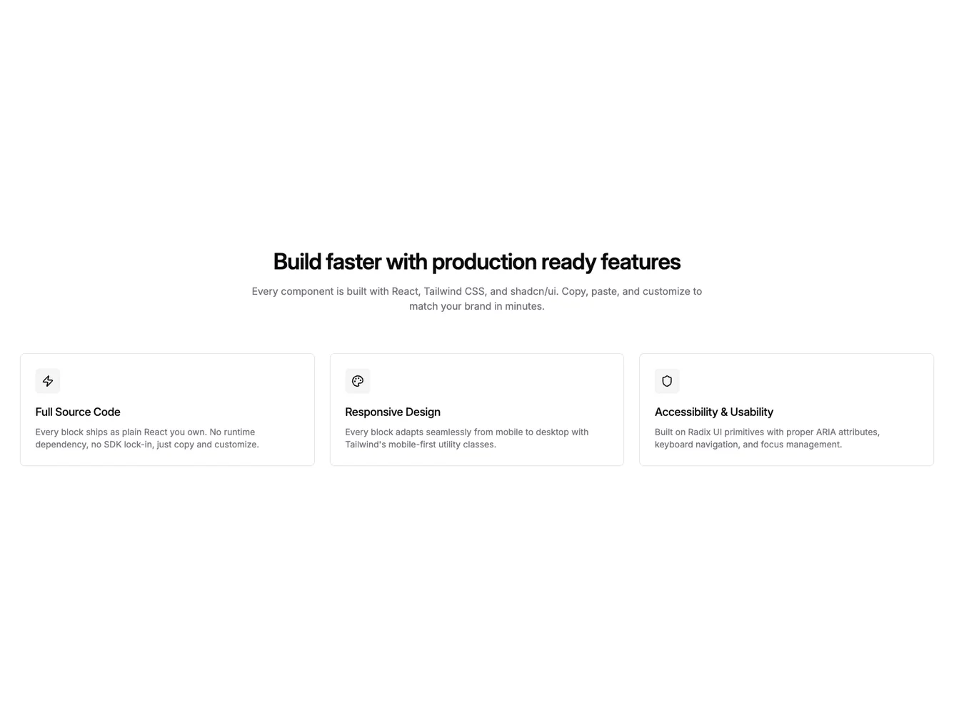 Shadcn Centered Feature Cards shadcnblocks.com