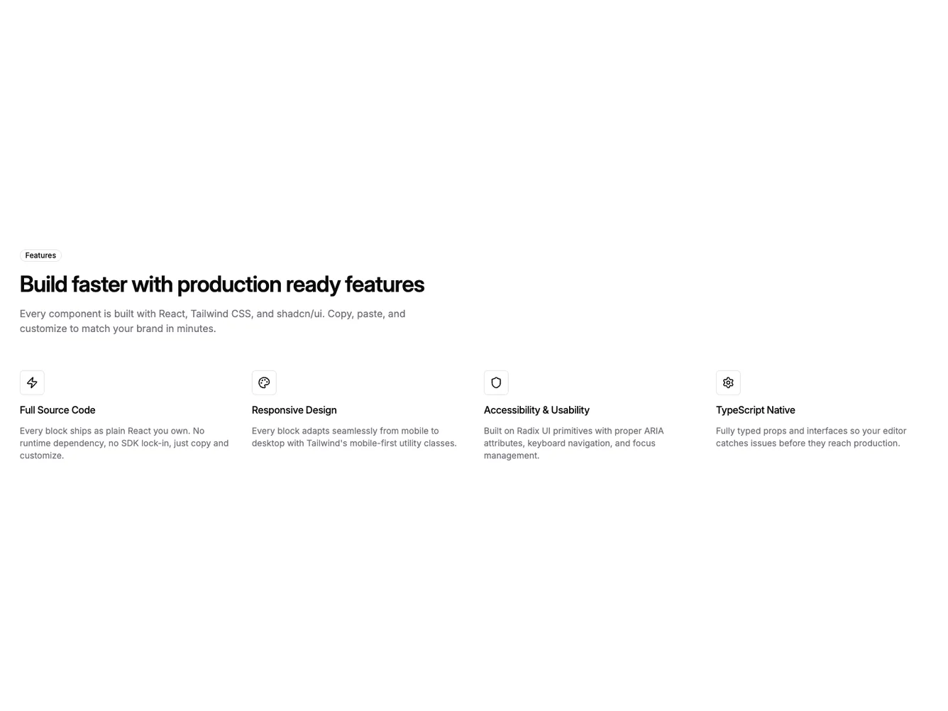 Shadcn Left Aligned Four Column Features shadcnblocks.com