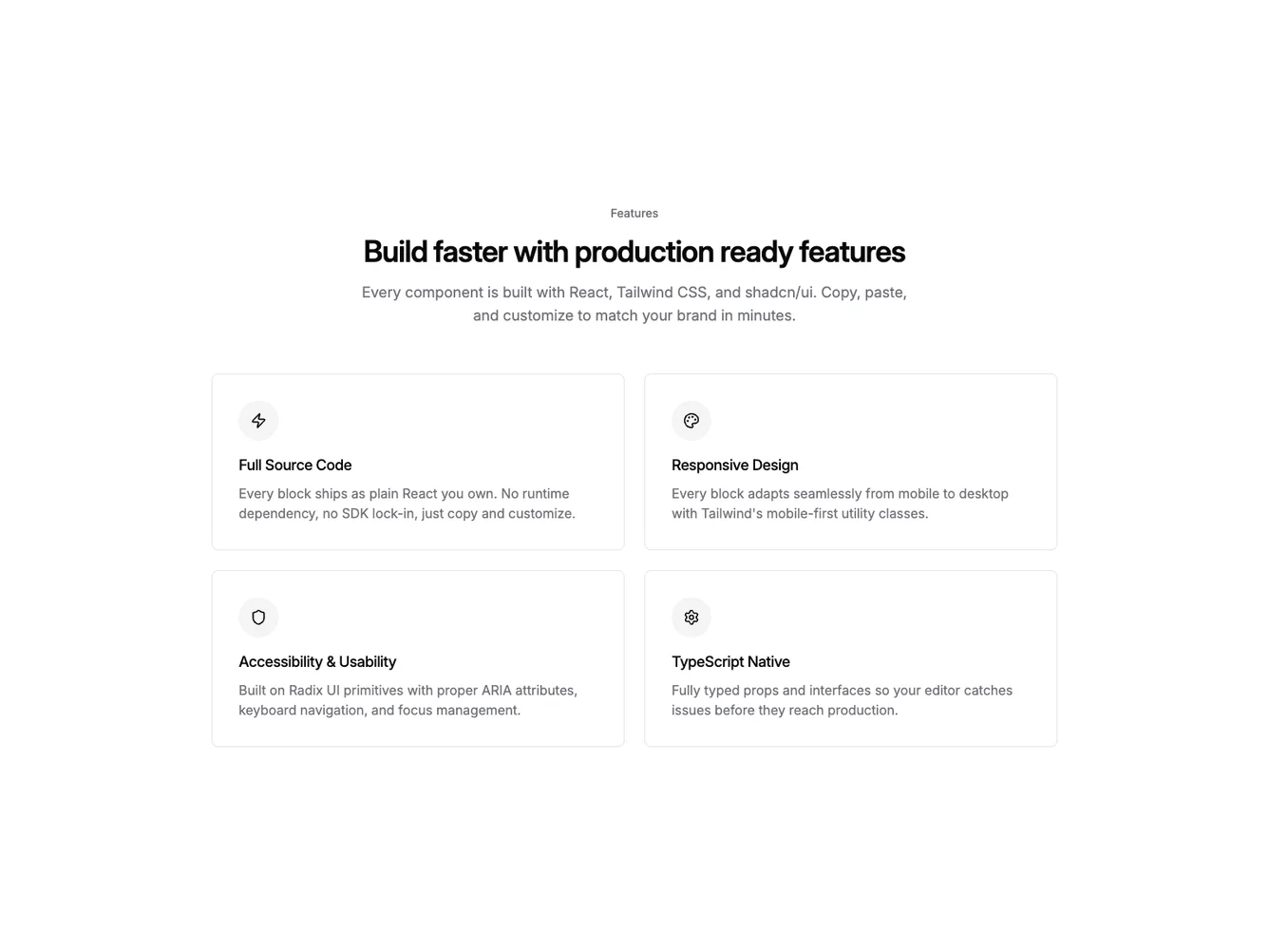 Shadcn Left Aligned Two Column Feature Cards shadcnblocks.com