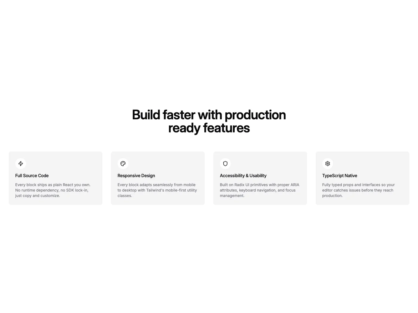 Shadcn Centered Heading Four Column Accent Cards shadcnblocks.com