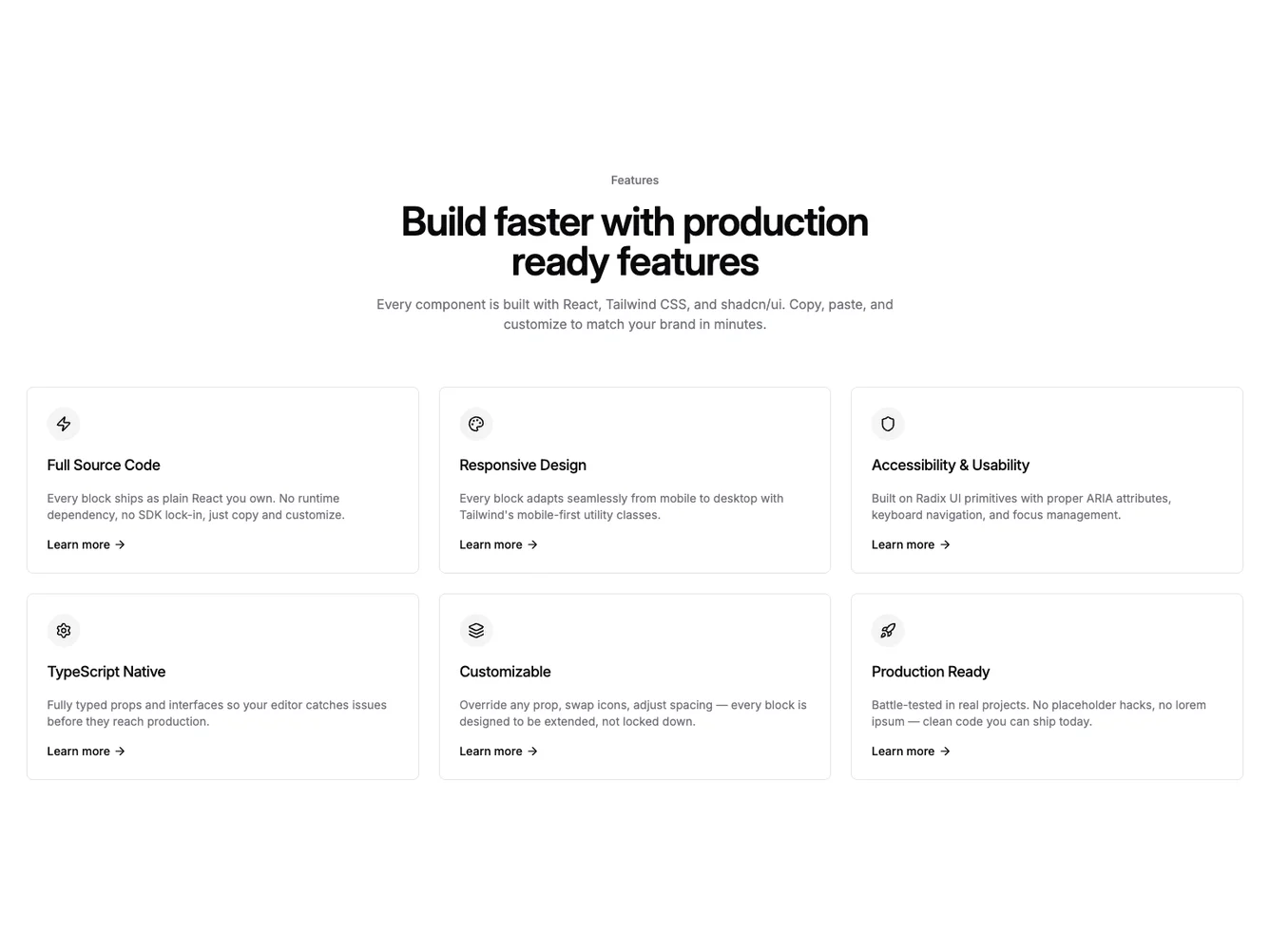 Shadcn Centered Feature Link Cards shadcnblocks.com
