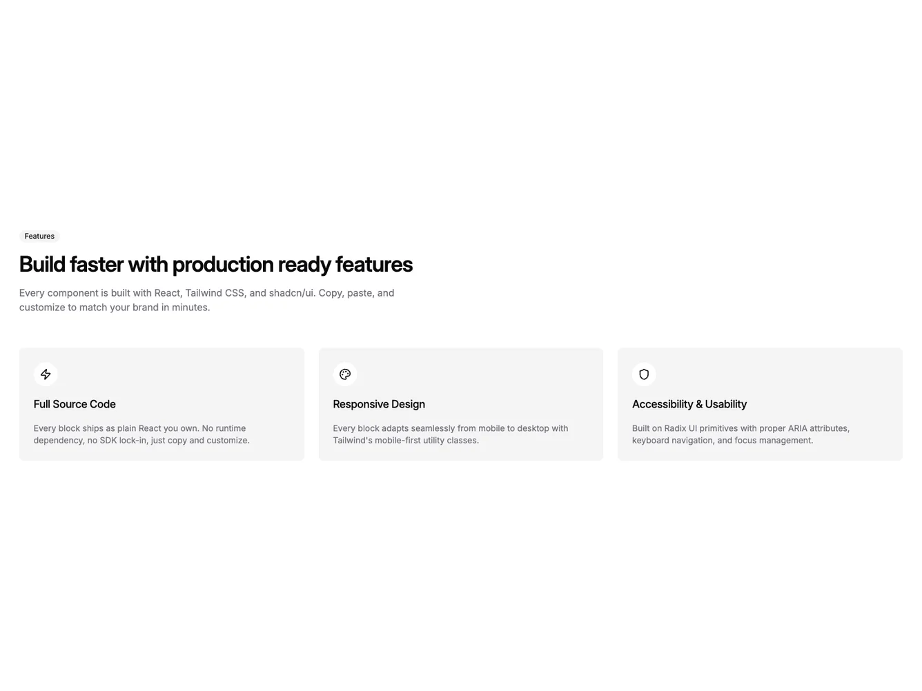 Shadcn Left Aligned Three Column Accent Cards shadcnblocks.com