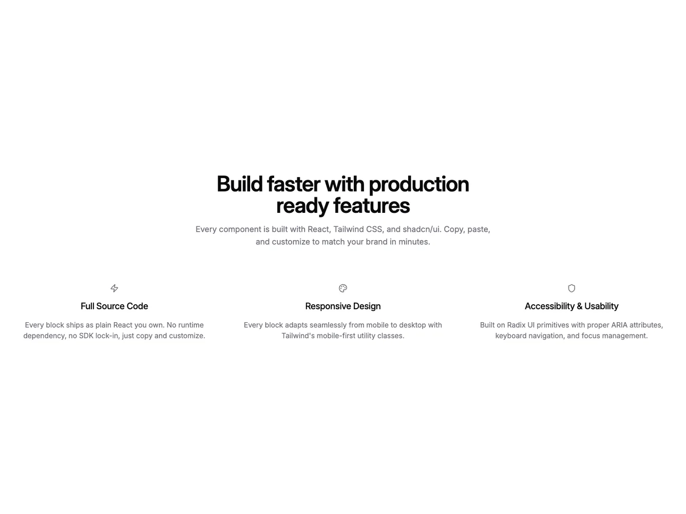 Shadcn Centered Large Icon Feature Row shadcnblocks.com