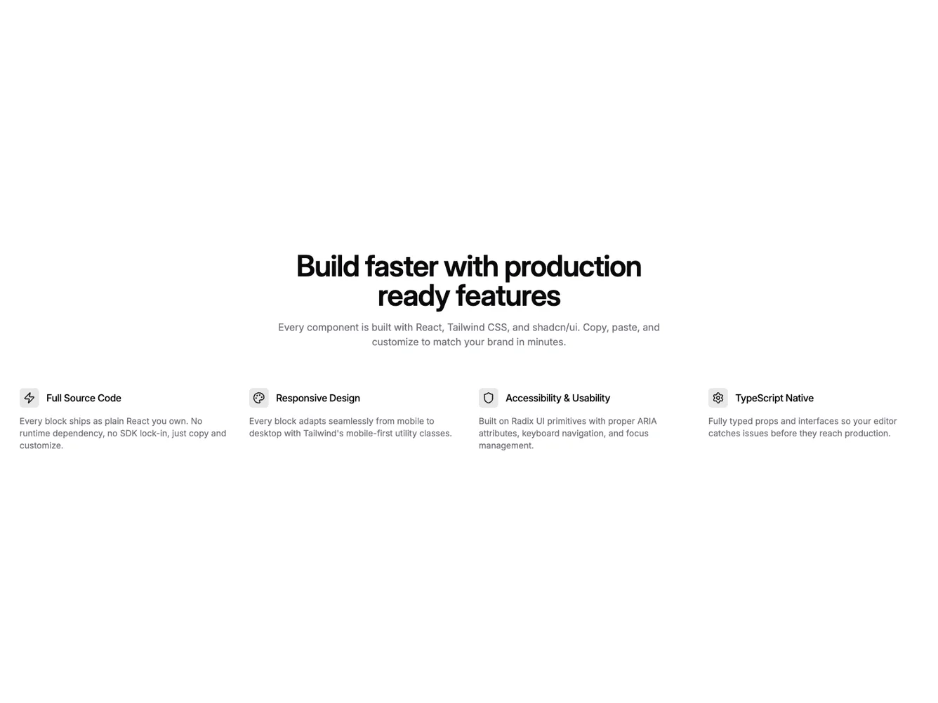 Shadcn Centered Four Column Inline Icon Features shadcnblocks.com