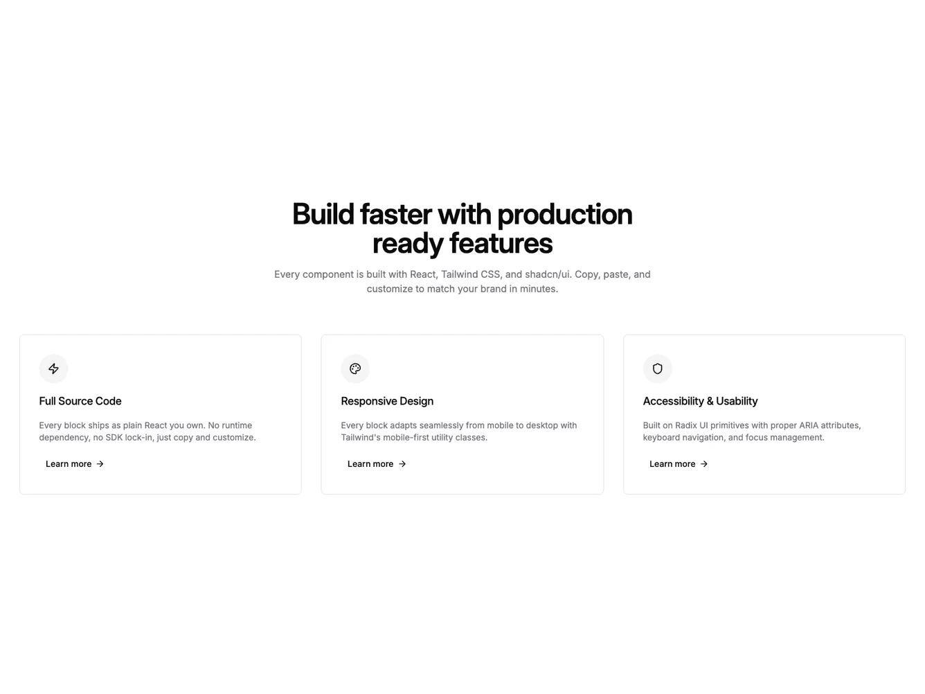 Shadcn Centered Feature Cards With Button CTA shadcnblocks.com