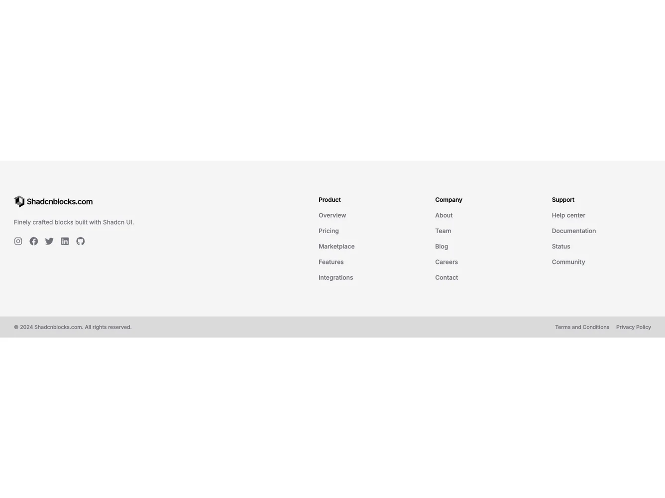 Shadcn Muted Split Footer With Social And Contrasting Bar shadcnblocks.com