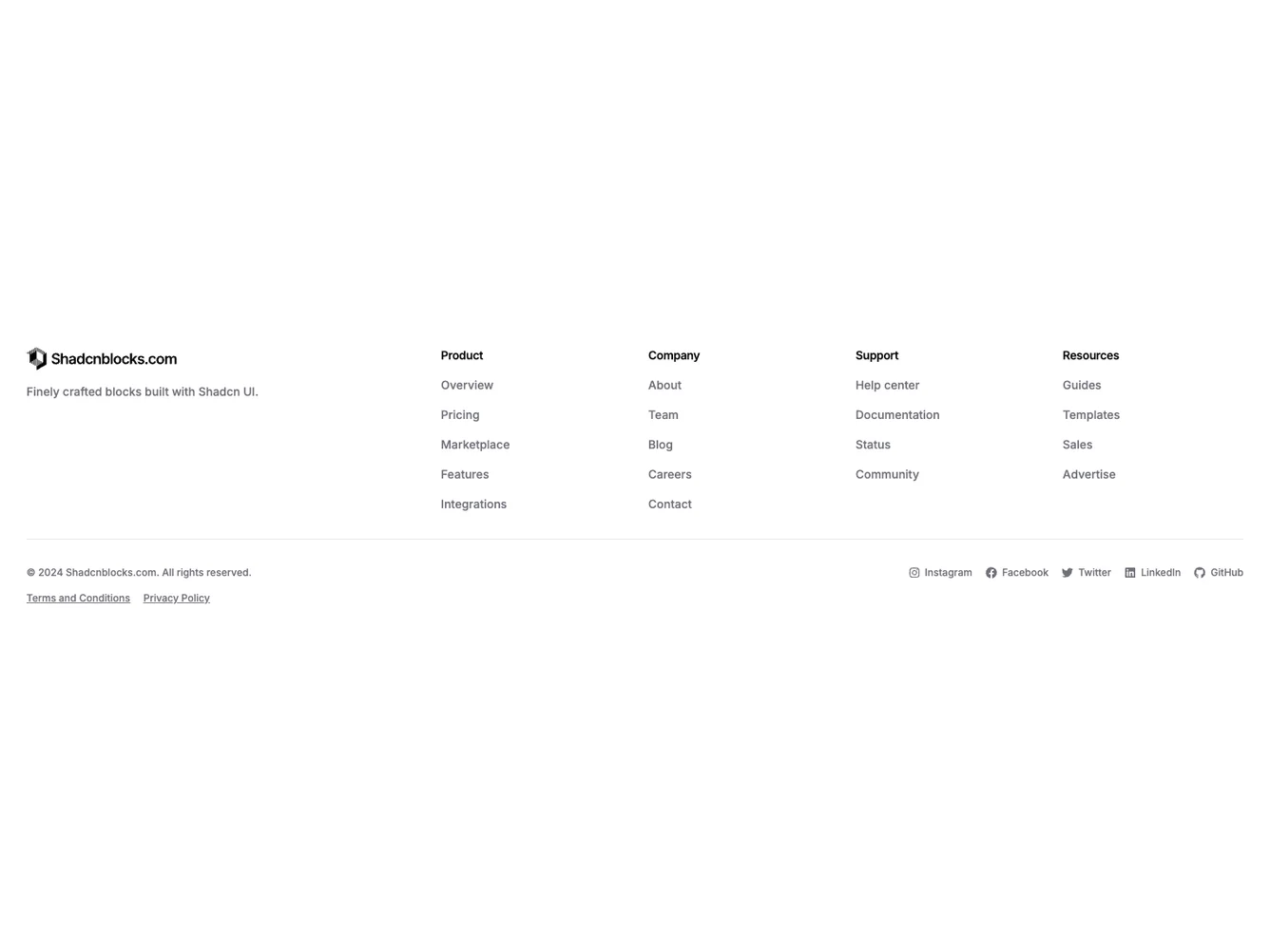 Shadcn Footer With Text Social Links shadcnblocks.com