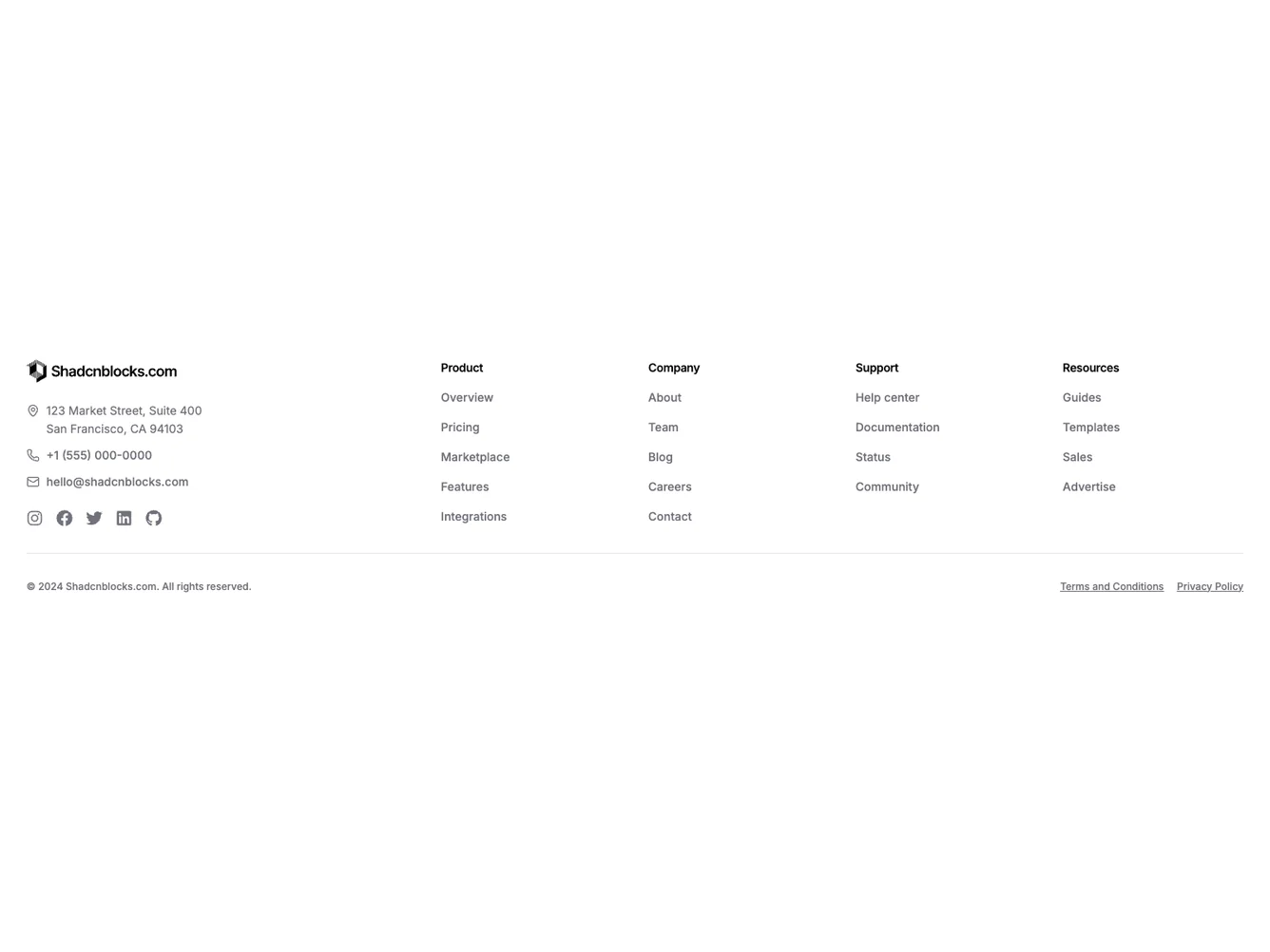 Shadcn Footer With Address And Contact Column shadcnblocks.com