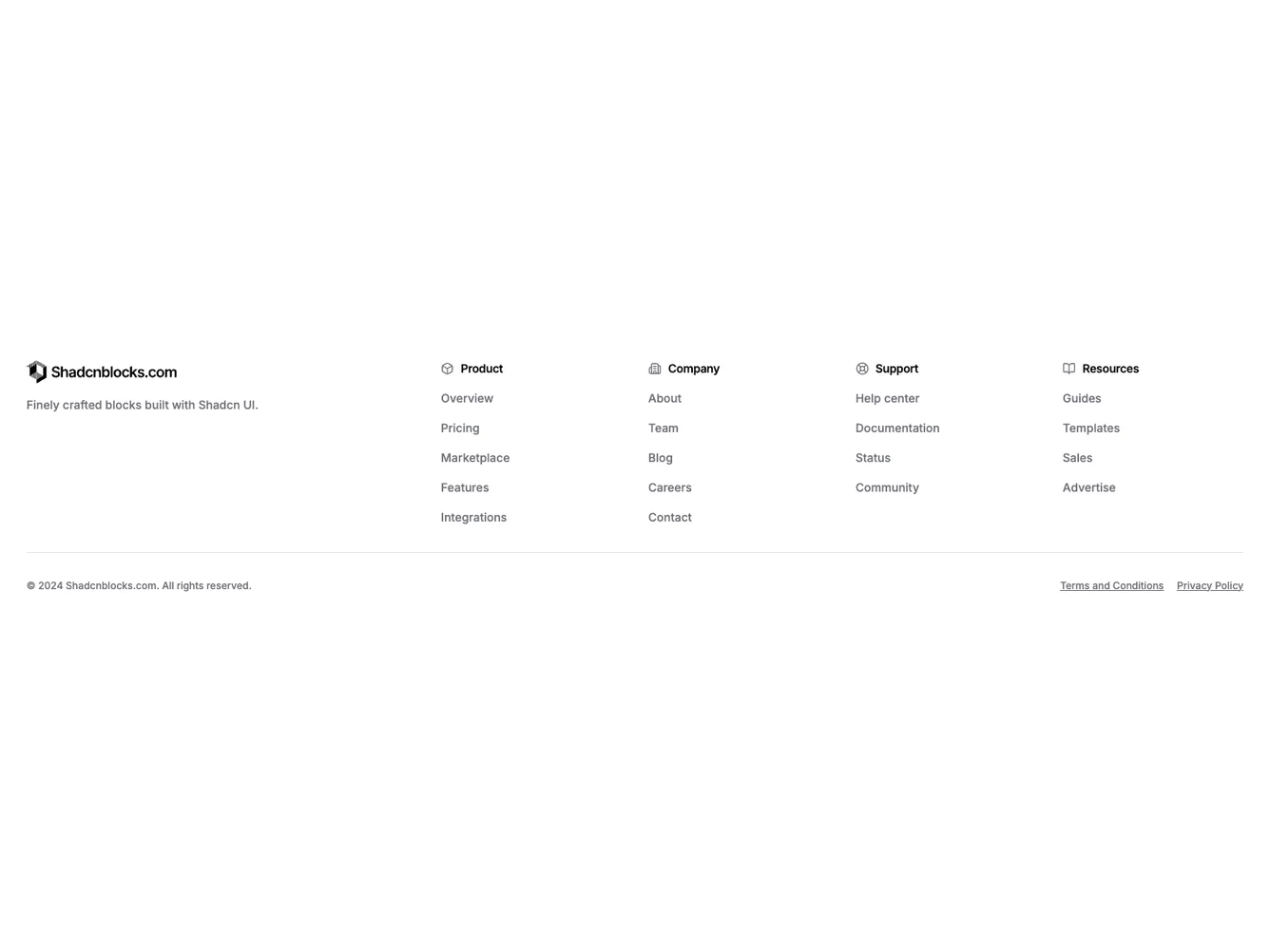 Shadcn Footer With Section Title Icons shadcnblocks.com