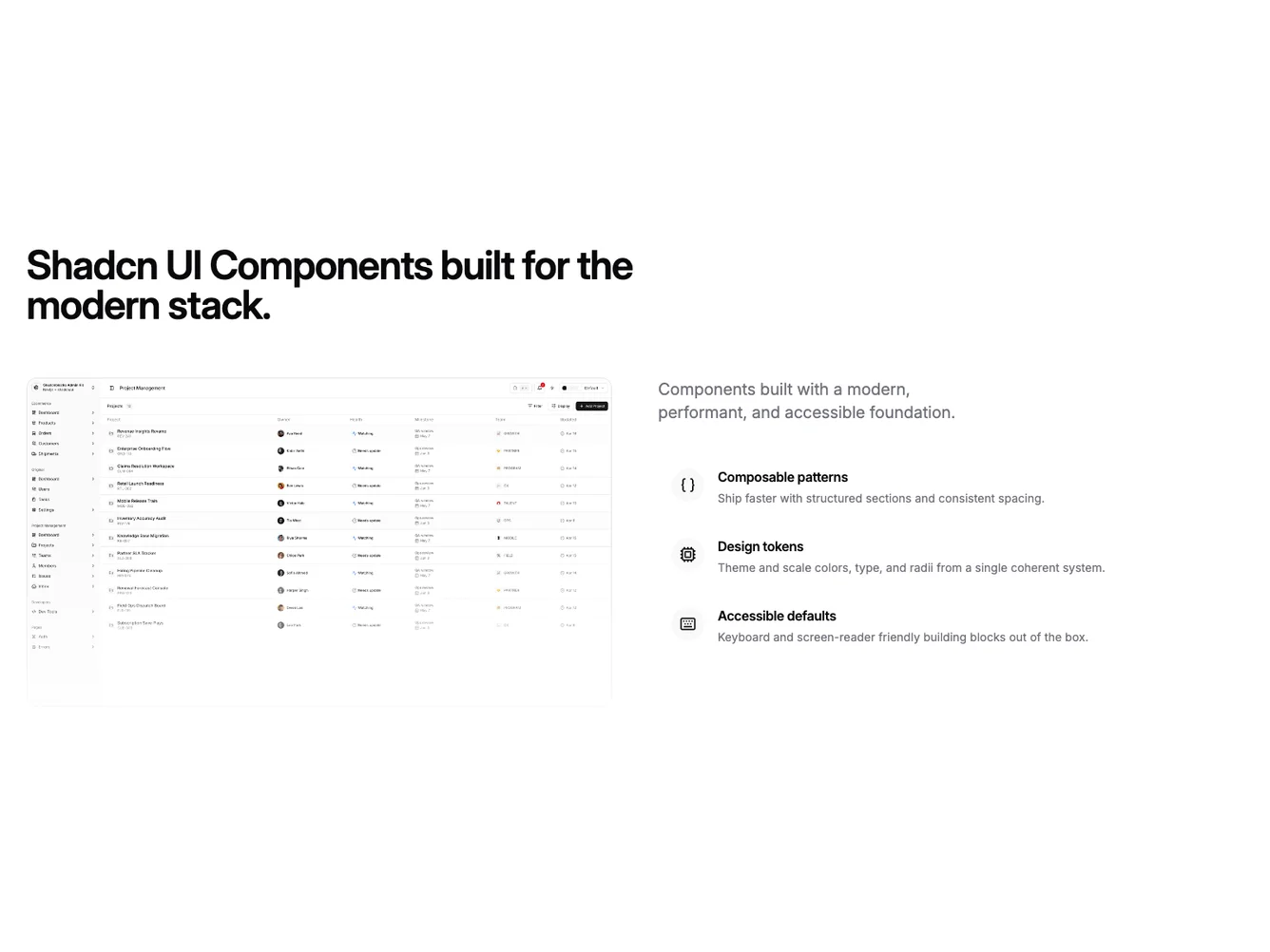Shadcn Split hero with hover slides beside feature list shadcnblocks.com