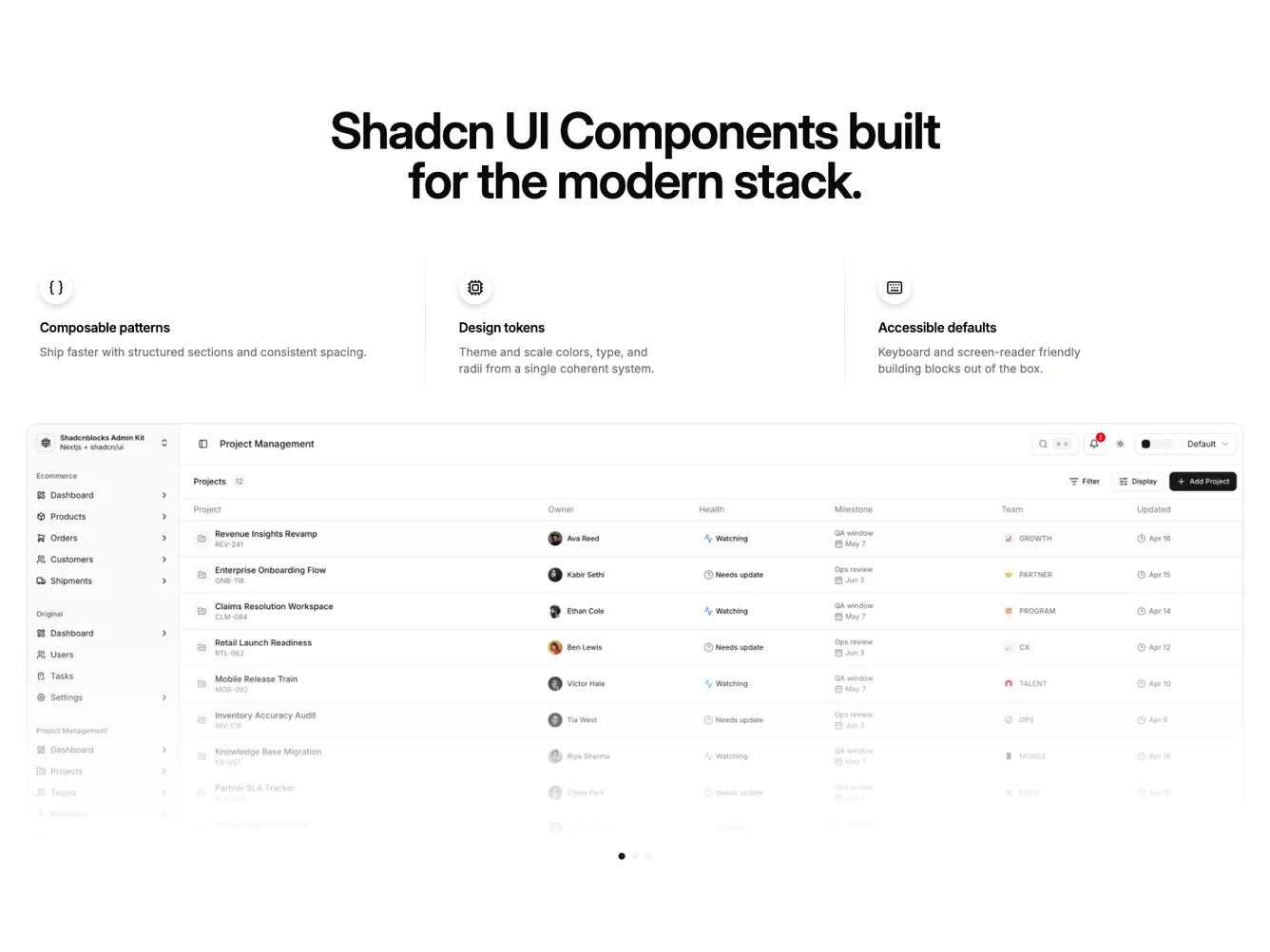 Shadcn Hero with feature row above image and slide dots shadcnblocks.com