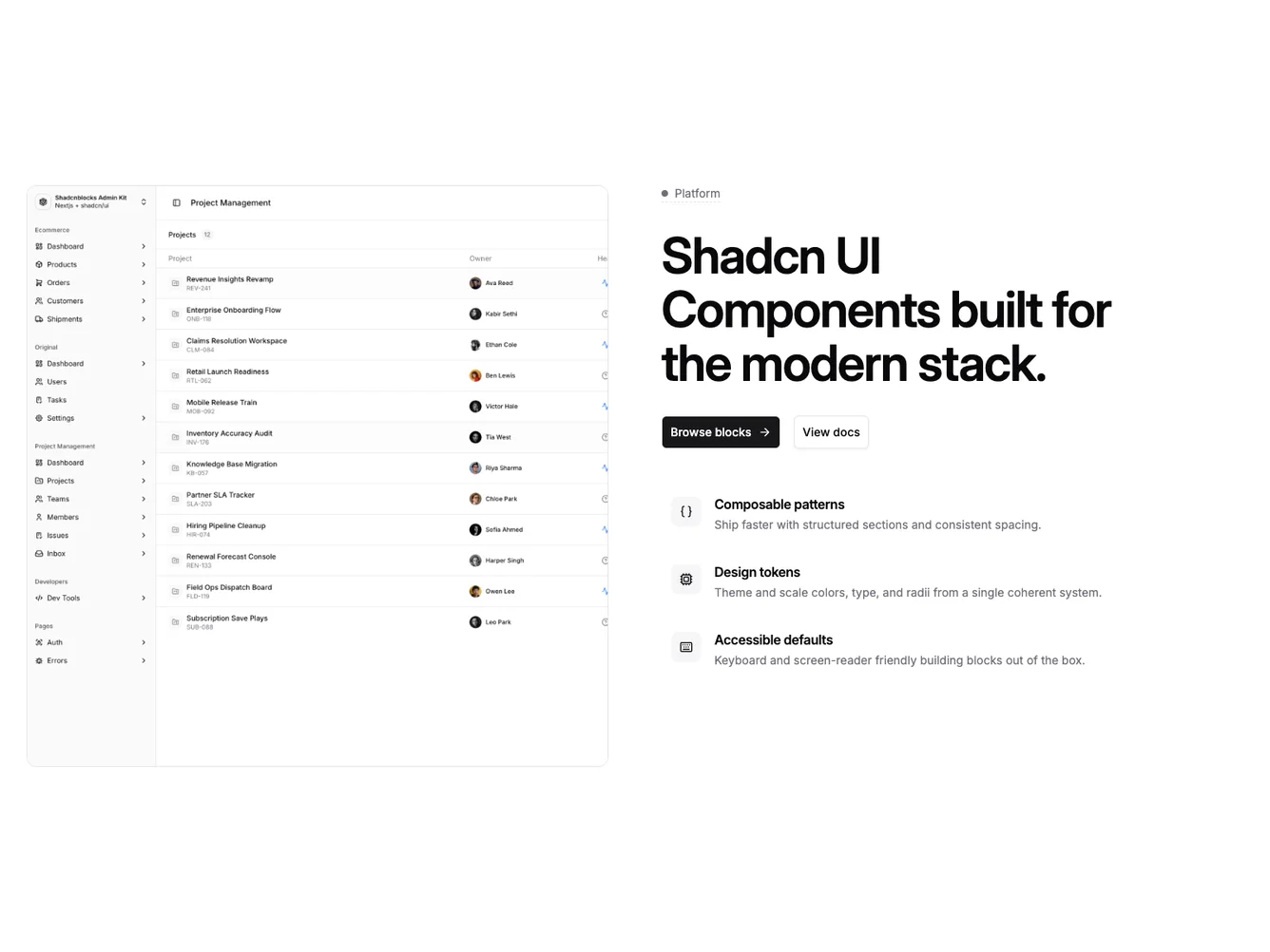 Shadcn Split hero with media column and hover feature slides shadcnblocks.com