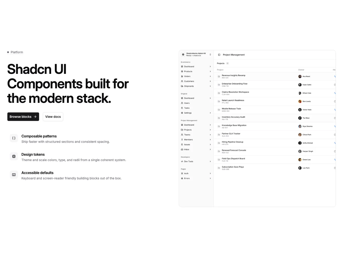 Shadcn Split hero with copy first and hover feature slides shadcnblocks.com