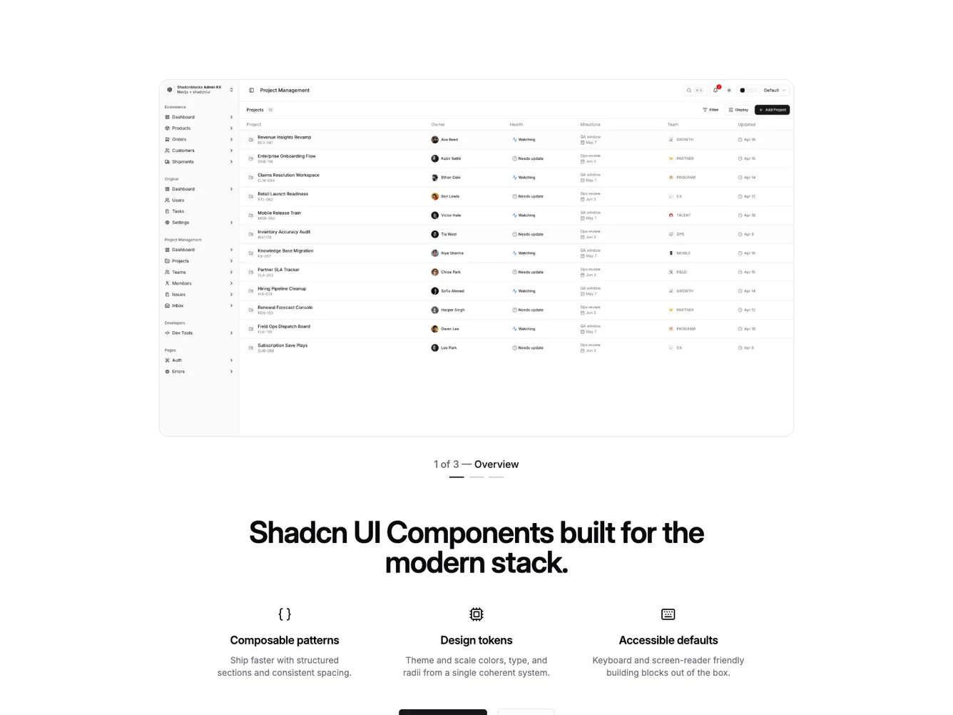 Shadcn Carousel-first hero with centered feature grid shadcnblocks.com