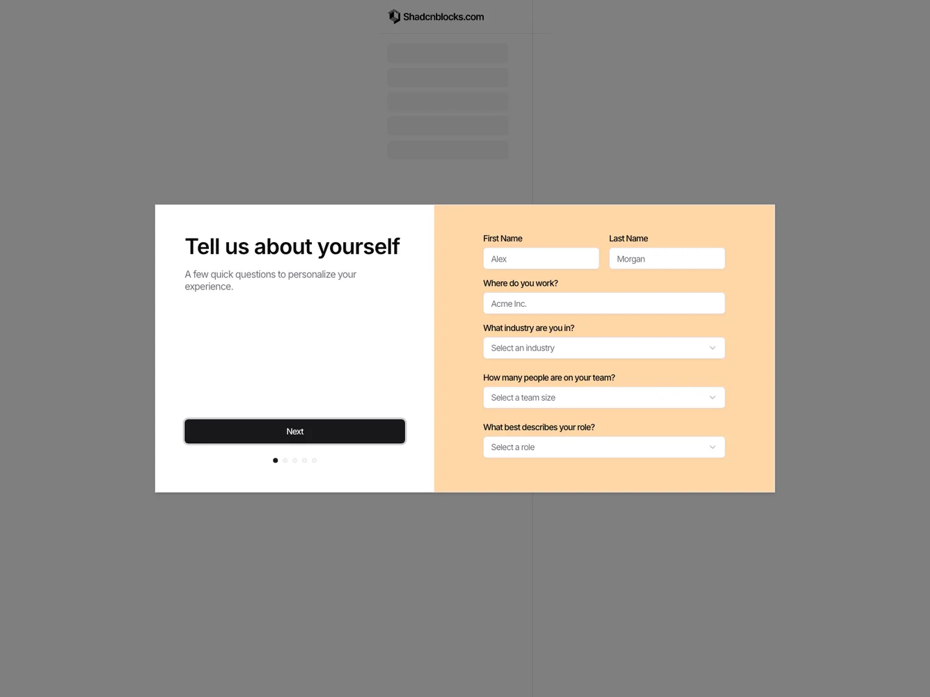 Shadcn Dialog-Based Onboarding Wizard shadcnblocks.com