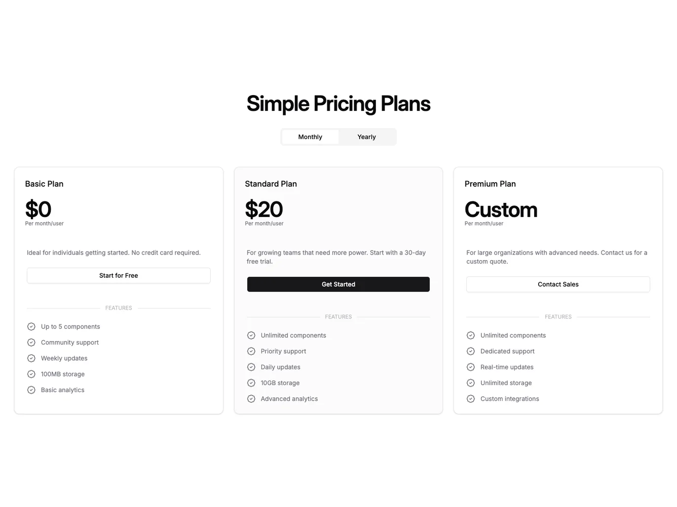 Shadcn Pricing 44 - Full-width three-plan pricing with toggle and carousel