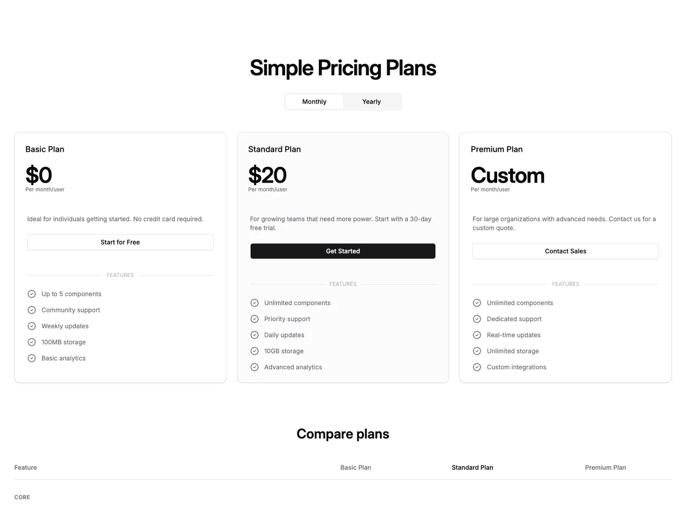 Shadcn Pricing 45 - Three-plan pricing with feature comparison table