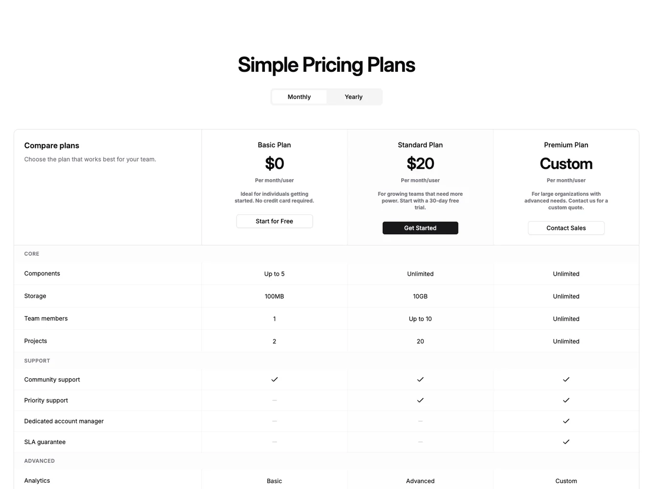 Shadcn Pricing 46 - Unified pricing comparison table
