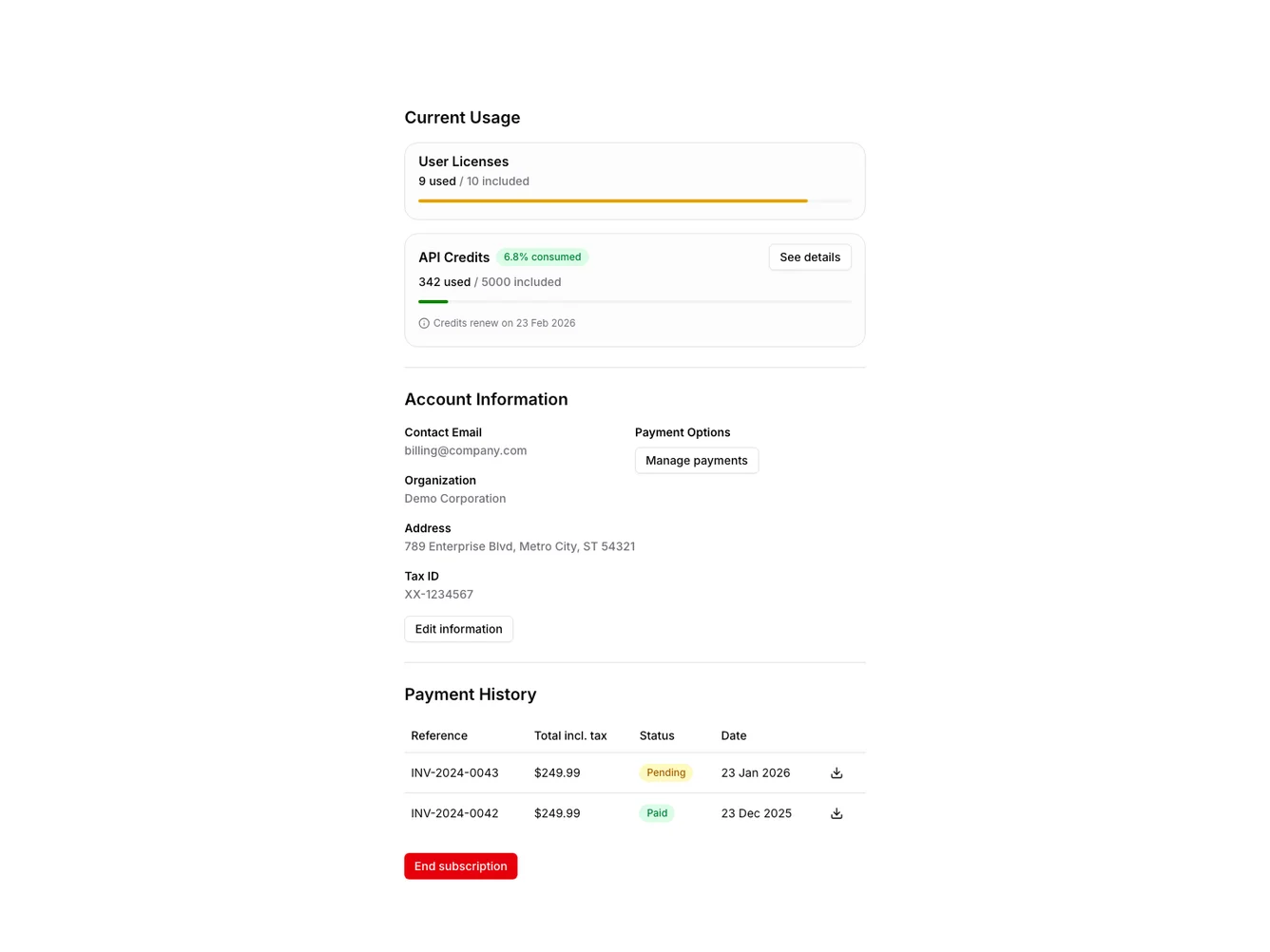 Shadcn Billing Settings Page shadcnblocks.com