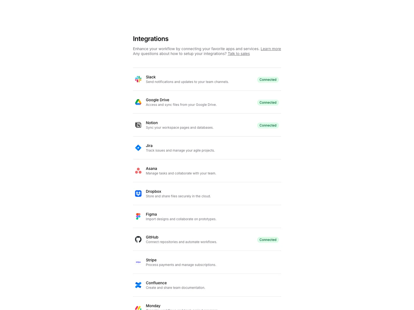 Shadcn Integration List with Status shadcnblocks.com