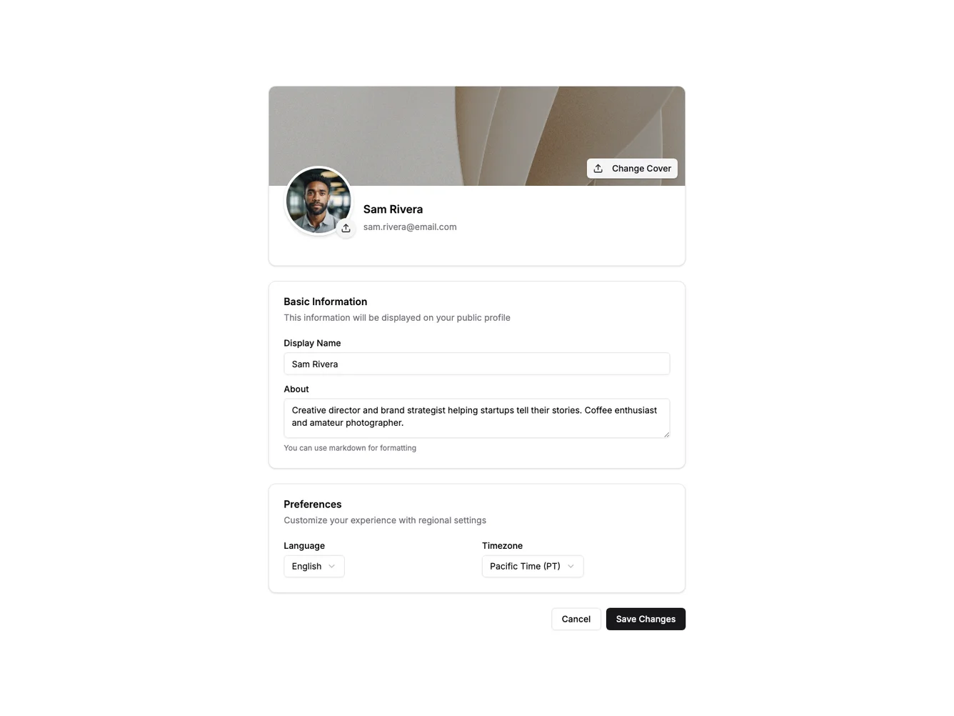 Shadcn Profile Settings with Cover Image shadcnblocks.com