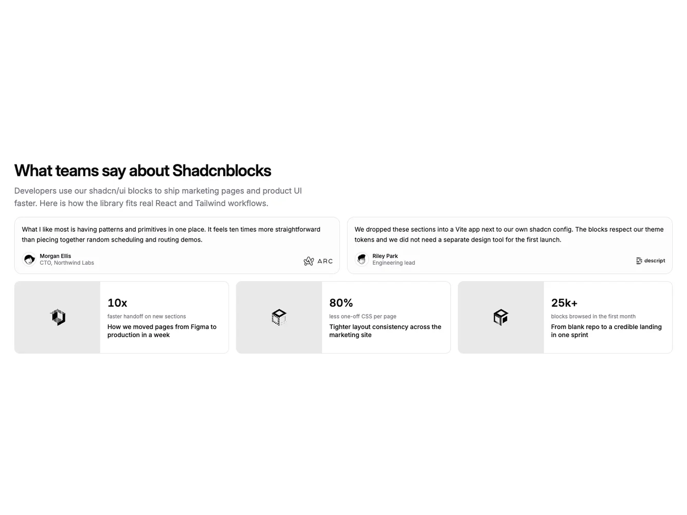 Shadcn Snap Scroll Quotes And Image Case Rows shadcnblocks.com