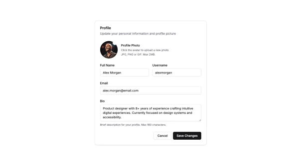 Shadcn Settings Profile Blocks
