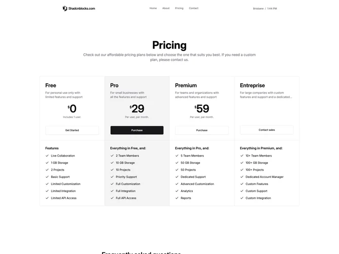 Shadcn Pricing Page 3 page