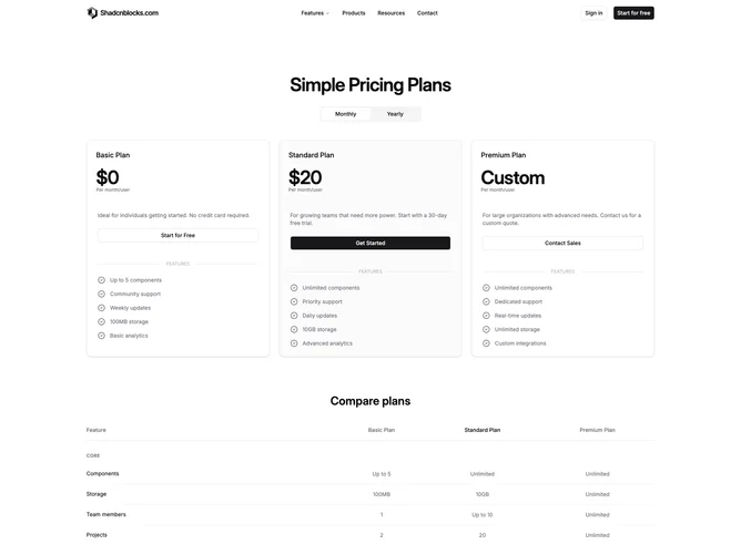 Shadcn Pricing Page 4 page
