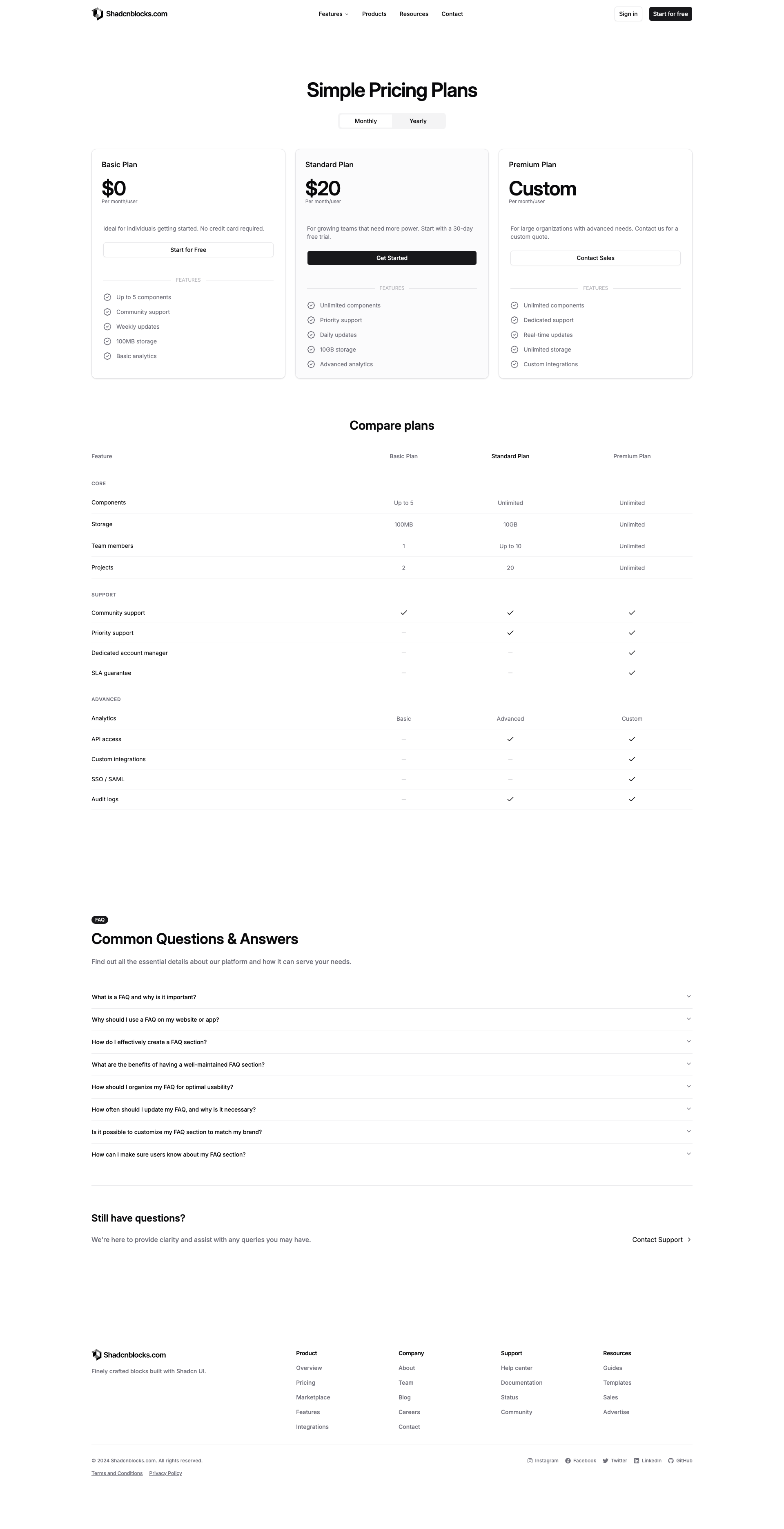 Shadcn Pricing Page 4 - Pricing page with feature comparison table