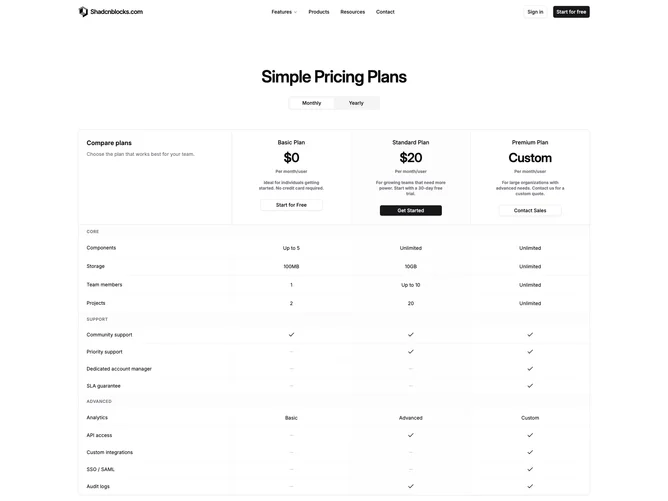 Shadcn Pricing Page 5 page