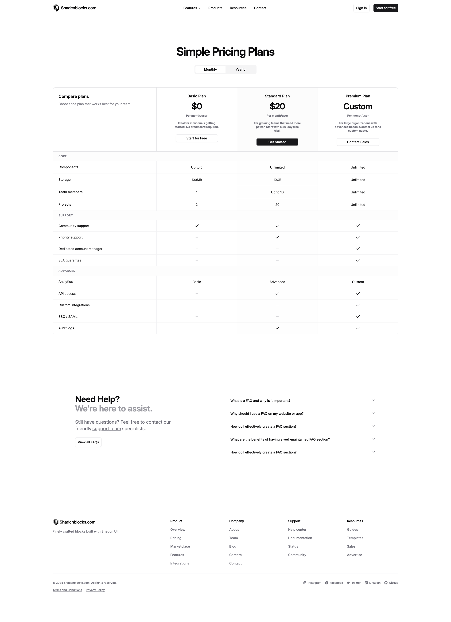 Shadcn Pricing Page 5 - Unified pricing comparison table page