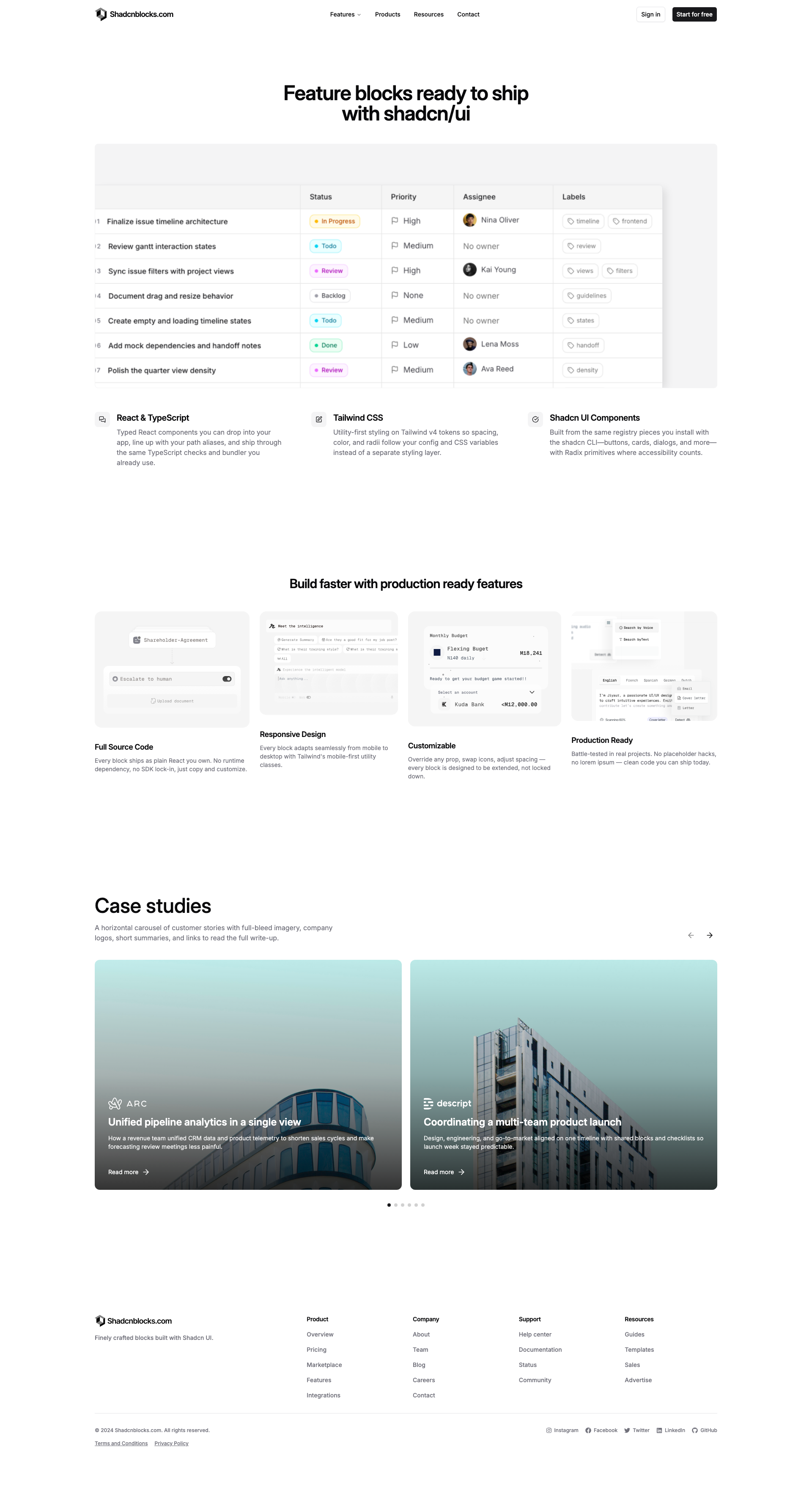 Shadcn Product Page 4 - Feature-led product page with case study carousel