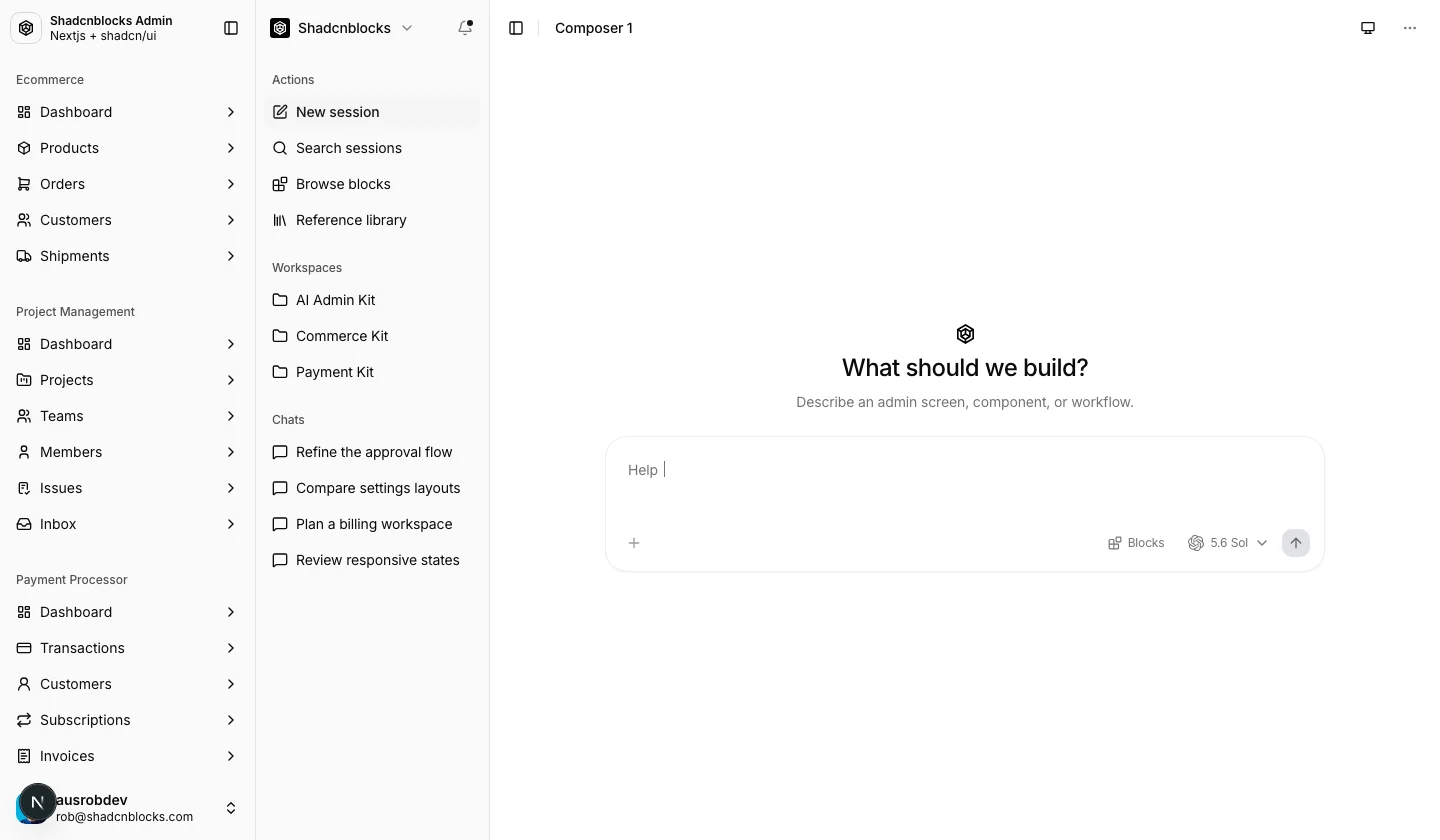 AI chat composer with model picker, context attachments, and a conversation rail